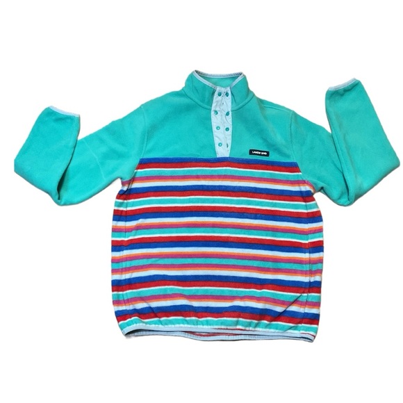 Lands' End Teal Striped Fleece Snap Neck Pullover sweater - Picture 2 of 9